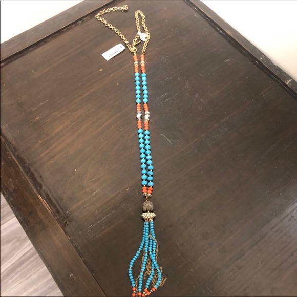 Beaded Long necklace blue orange gold beads cz stones with adjustable sizer NWT - Picture 4 of 7